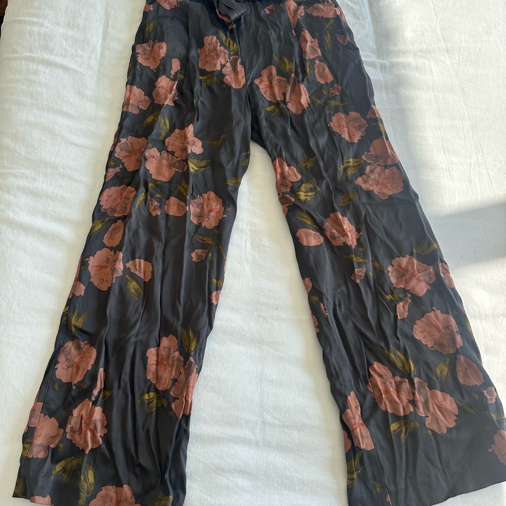 NWT Anthropologie Satin Wide Leg Pants - Dark Grey with Pink Floral